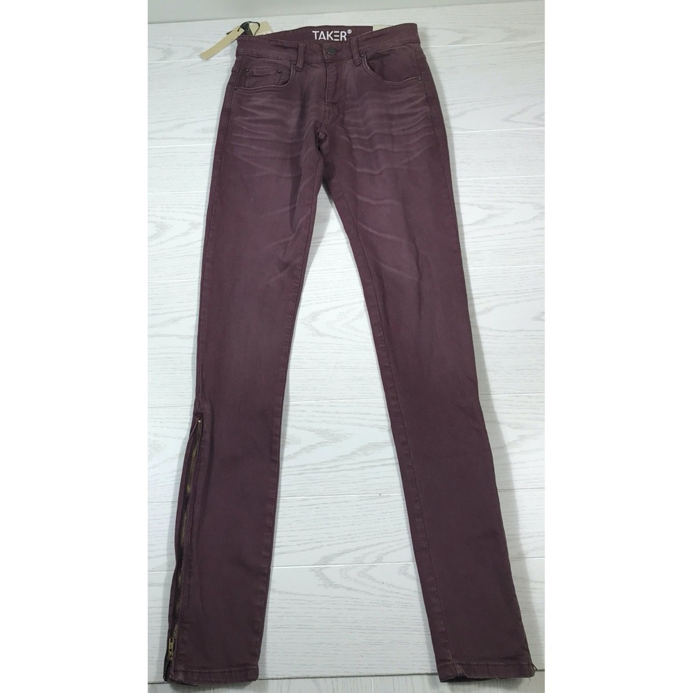 Taker Skinny Jeans Men 29x36 Purple Ankle Zip Stacked Moto Grunge Stretch New